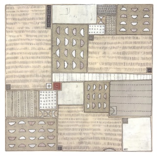 Mixed media collage art piece in a variety of muted whites, beiges, and tans.