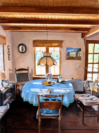 This painting by Andrea Poe is of a dining room table with white table cloth and flowers