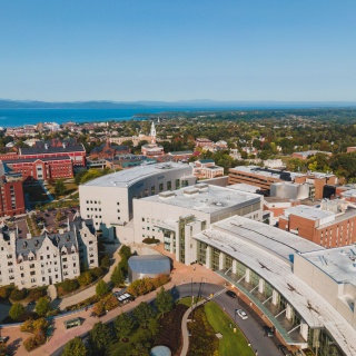 Aerial photo of UVM Medical Center campus with Lake Champlain in background