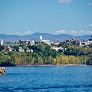 View from Lake Champlain of Burlington and Green Mountains.
